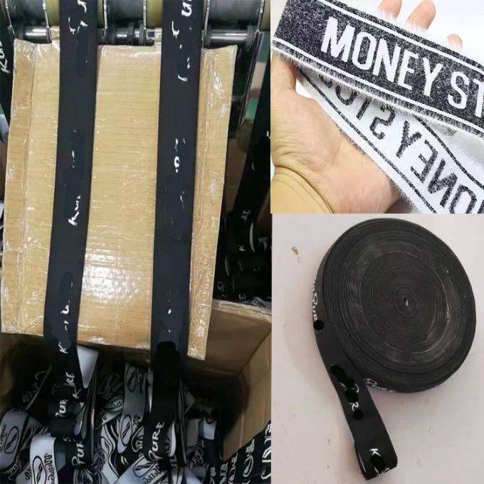 Niedriges GROSSHANDELSMOQ fertigte weißes Logo des Jacquardwebstuhls für schwarzes elastisches Haarkopf-Verpackungsband besonders an